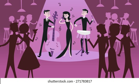 A vector illustration of mid century modern retro jazz club scene in cool magenta shade. The illustration depicts a jazz band with sultry female jazz singer and other jazz club patrons.