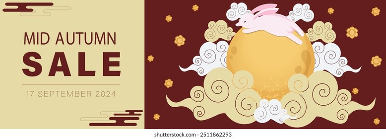 A Vector illustration for a Mid-Autumn Sale, featuring a whimsical moon rabbit and clouds, integrating cultural motifs with a promotional theme
