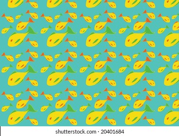 Vector illustration of mid-century modern 1950's style abstract yellow fish pattern. Retro abstract Background.