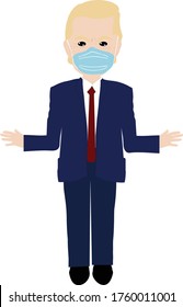 Vector Illustration Middle Aged Man in Suit Wearing Blue Face Mask