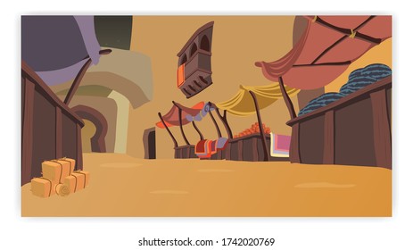 Vector illustration of Middle Eastern cityscape with traditional market, arabian night