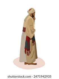 Vector illustration, Middle Eastern man in traditional clothing, standing in a pensive pose. Flat design, cultural attire, making it ideal for projects on heritage, history, ethnic studies