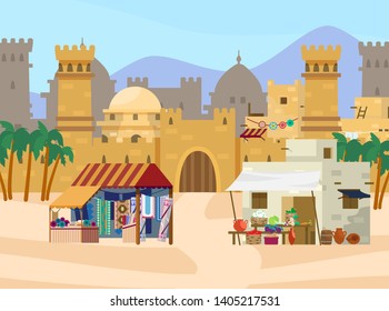 Vector illustration of Middle Eastern scene. Castle with towers and gates. Arabian houses. Fabric and carpets store, vegetable market. Desert landscape. Flat style.