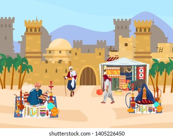 Vector illustration of Middle Eastern scene. Castle with towers and gates. Arabian houses. Street trade. Man smoking hookah. Veiled woman sells jewelry and ceramics. Desert landscape. Flat style.