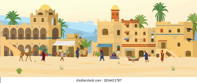 Vector illustration of Middle Eastern Scene. Ancient Arabic City In Desert with traditional mud brick houses and people. Asian Bazaar. 