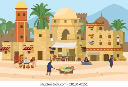 Vector illustration of Middle Eastern scene. Arabic Ancient City with traditional mud brick houses and people. Asian Bazaar With Carpets, Spices, Fruits And Vegetables. 