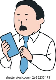 Ilustración vectorial de hombre de negocios de mediana edad que toca el teléfono inteligente, vista frontal, diseño plano simple