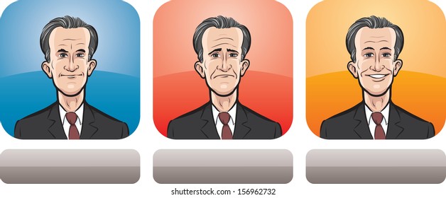 Vector illustration of middle-aged man face in three expressions: neutral, sad and happy - head and shoulders composition. Layered vector EPS10 format file.