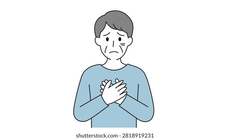 A vector illustration of a middle-aged man looking distressed with his hands clutched to his chest, representing symptoms of heart pain, anxiety, or stress.