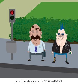Vector illustration of a middle-aged man and an old punk standing at a traffic light and.