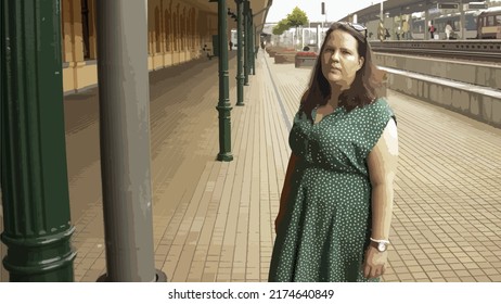 Vector illustration of a middle-aged woman in a dress standing on a train station platform. A woman on a trip. Travel. Train Station. Portrait. A woman in a dress. Brunette, Caucasian.