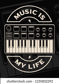 Vector illustration of midi keyboard on the dark background. Text is on the separate group. 