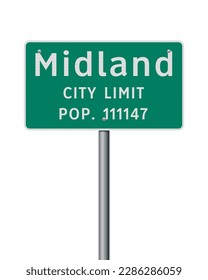 Vector illustration of the Midland (Texas) City Limit green road sign on metallic pole