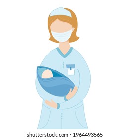 Vector Illustration For Midwife Day. Nurse Or Midwife With Mask Holding A Newborn By Hands