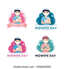 Vector illustration of a midwife holding a baby set, as a banner, poster or template for international midwife's day.