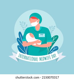 Vector Illustration Of A Midwife Holding A Baby In Her Arms. International Midwife Day.