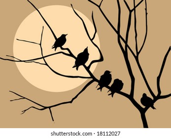 vector illustration migrating starling on branch tree