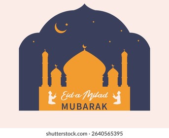 Vector illustration of milad un nabi, silhouette of muslim man praying namaz in front of mosque.