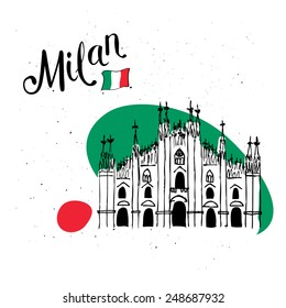 Vector illustration of Milan Cathedral with the Italian national flag and text for use as a design element in promoting travel or as a greeting card