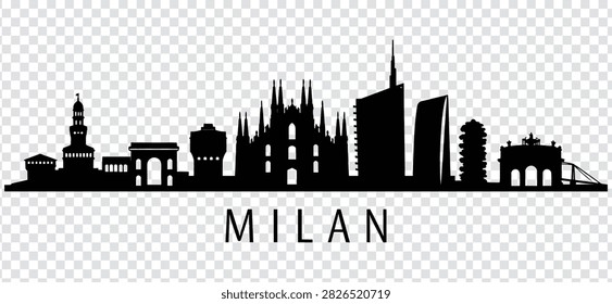 Vector illustration of Milan city skyline, featuring iconic landmarks and modern architecture, isolated silhouette design on a transparent background.