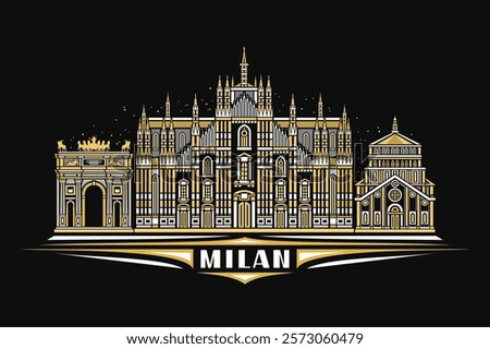 Vector illustration of Milan, dark horizontal card with linear design famous milan city scape on nighttime starry sky background, european urban line art concept with unique lettering for text milan