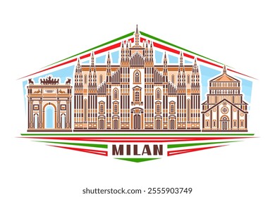 Vector illustration of Milan, horizontal sign with linear design famous heritage milan city scape on day sky background, european urban line art concept with unique brush letters for brown text milan