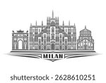 Vector illustration of Milan, monochrome horizontal card with linear design famous milan city scape, european urban line art concept with decorative lettering for dark text milan on white background