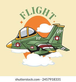 Vector Illustration of Military Aircraft with FLIGHT words with Cute Cartoon Illustration Available for Plane Badge