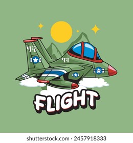 Vector Illustration of Military Aircraft with FLIGHT words with Cute Cartoon Illustration Available for Plane Badge