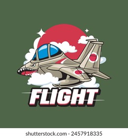 Vector Illustration of Military Aircraft with FLIGHT words with Cute Cartoon Illustration Available for Plane Badge