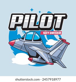 Vector Illustration of Military Aircraft with PILOT SKY DRIVER words with Cute Cartoon Illustration Available for Plane Badge