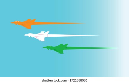 A vector illustration military airplane in the sky. Indian flag color. On blue background.