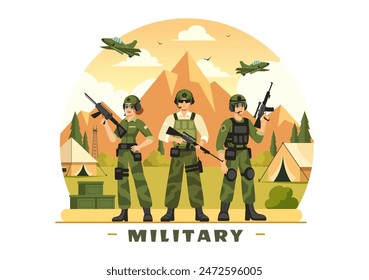 Vektorillustration der Streitkräfte mit Soldaten, Waffen, Panzern und schwerer Schutzausrüstung in einem flachen Stil Cartoon Hintergrund