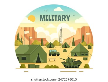 Ilustración vectorial de Fuerzas Militares del Ejército con soldados, armas, tanques y equipo de protección pesada en un fondo plano de dibujos animados