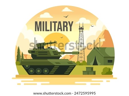 Vector Illustration of Military Army Forces featuring Soldiers, Weapons, Tanks, and Heavy Protective Equipment in a Flat Style Cartoon Background