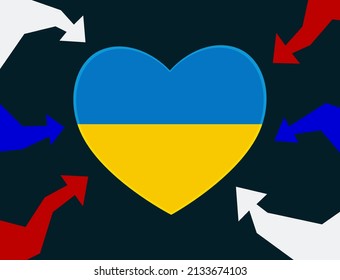Vector illustration of military confrontation concept with the blue and yellow Ukrainian flag heart