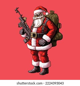 Vector illustration of military equipped Santa, Happy 2023