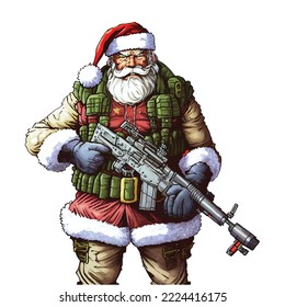 Vector illustration of military equipped Santa, Happy 2023