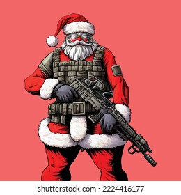 Vector illustration of military equipped Santa, Happy 2023