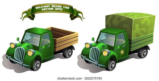Vector illustration. Military retro car and truck isolated on white background.