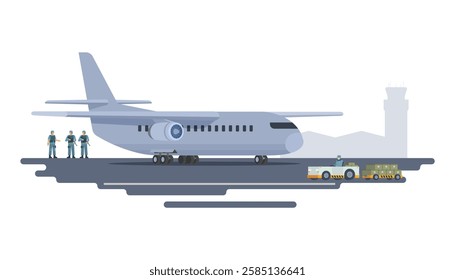 Vector illustration of military transport plane on ground. Fully editable vector elements