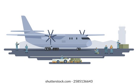 Vector illustration of military transport plane on ground. Fully editable vector elements