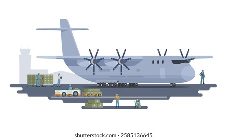 Vector illustration of military transport plane on ground. Fully editable vector elements