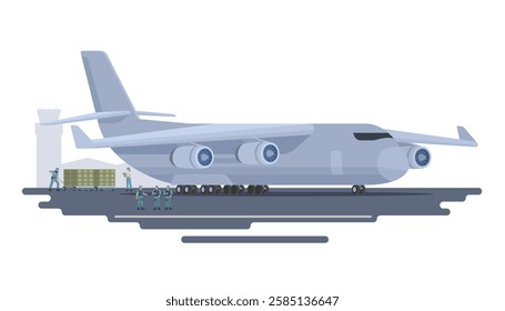 Vector illustration of military transport plane on ground. Fully editable vector elements