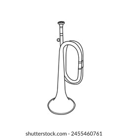 Vector illustration of military trumpet, brass equipment, hand-drawn sketch, and blow musical instrument. Vector outline line art. Isolated on a white background.