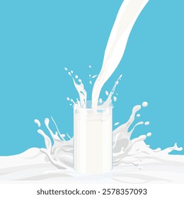 A vector illustration of milk being poured into a glass with a splash effect, set against a clean turquoise background. Ideal for dairy advertising, product packaging, and health-related content