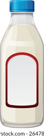 Vector illustration of a milk bottle with a blue cap and red-bordered label, featuring clean lines and a minimalist style