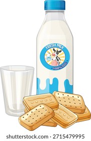 Ilustración vectorial de un biberón, vaso vacío y galletas rectangulares apiladas. Los colores brillantes, las líneas limpias y el estilo de dibujos animados planos mejoran la claridad