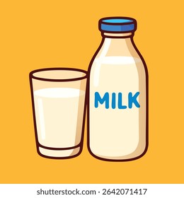Vector illustration of a milk bottle and a glass filled with milk in cartoon style. Ideal for food, breakfast, and dairy-related content.