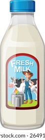 Vector illustration of a milk bottle label with a cartoon farmer and cow, vibrant colors, and playful design